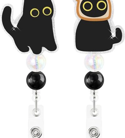 2Pcs Black Cat Badge Reel with Beads Cute Cartoon Kitten Retractable lD Badge Holder with Beaded Alligator Clip Funny Meme Kitty Gift for Pet Lover Pediatric Nurse Doctor Nursing Student Office Worker