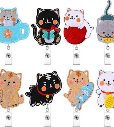 Yexiya 8 Pcs Cute Cat Badge Reel for Nurse Doctors, Cat Retractable Felt ID Holder with Cli for Pet Lover Office Staff, Rn LPN CNA Medical Gift Hospital Worker Office Accessories Pet Party Favors